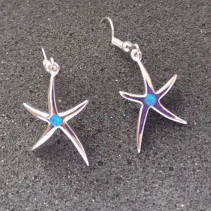 Created Blue Opal Star Fish Drop Earrings